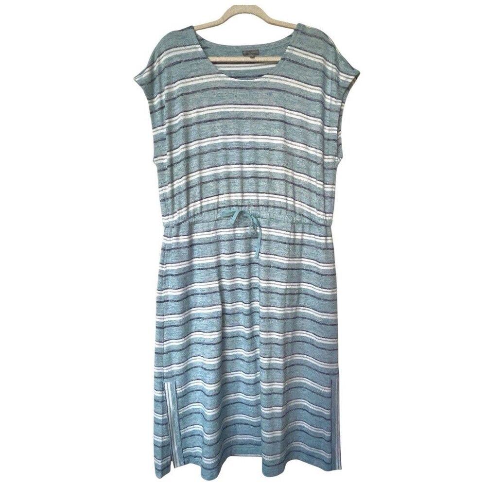 T by Talbots Drawstring Tie Waist Midi Dress Womens XL P Stripe Cap Sleeve Blue